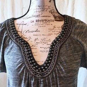 AGB • faux leather & embroidery v-neck blouse